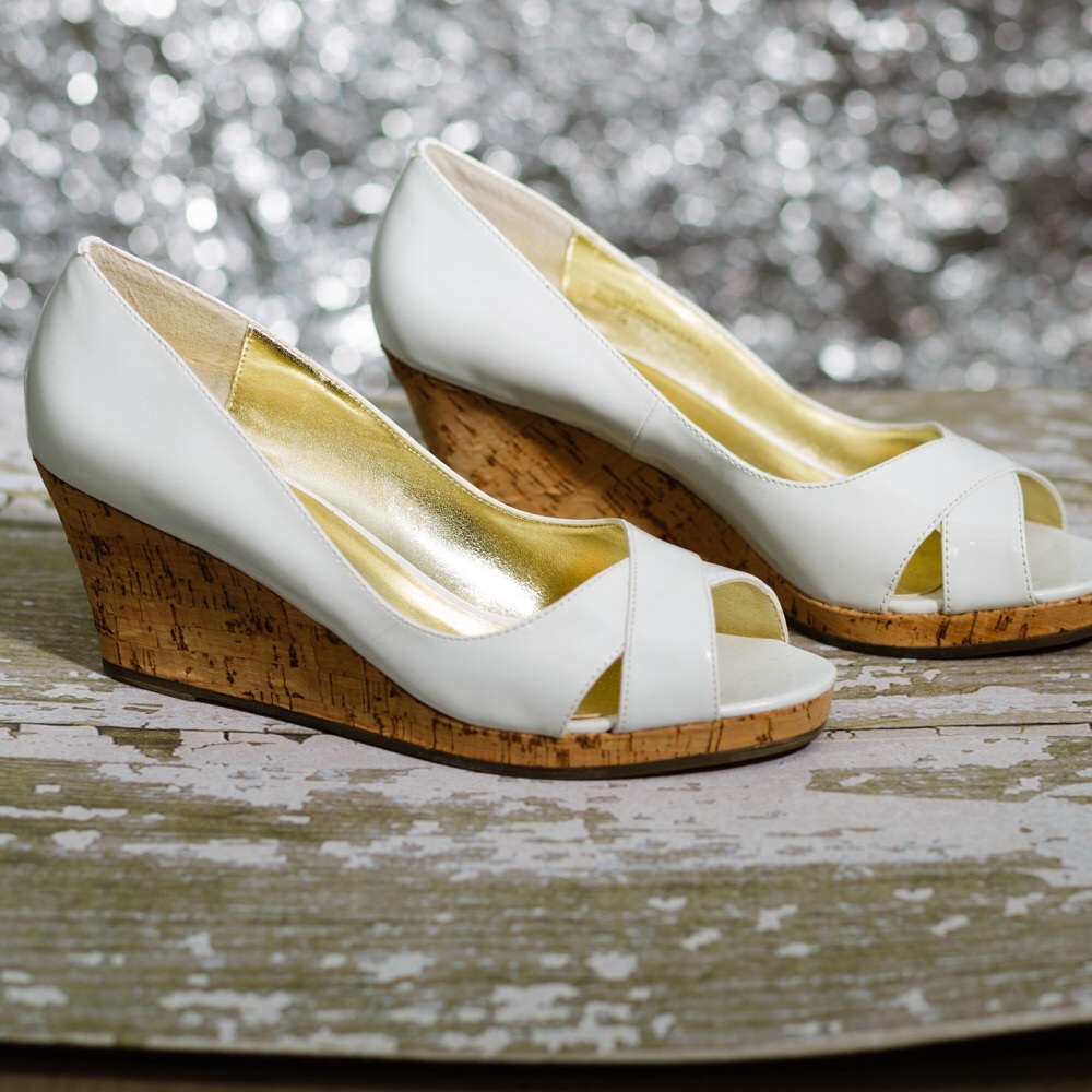 Colin Stuart white peep toe cork wedge shoe
